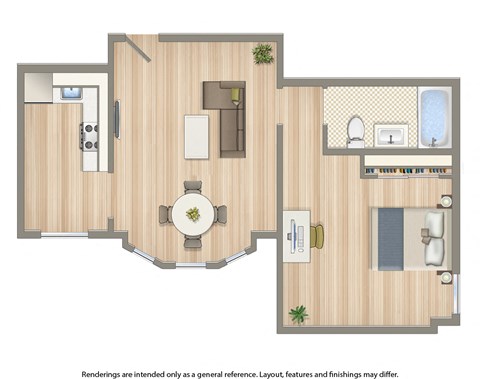 norwood one bedroom apartment floor plan rendering